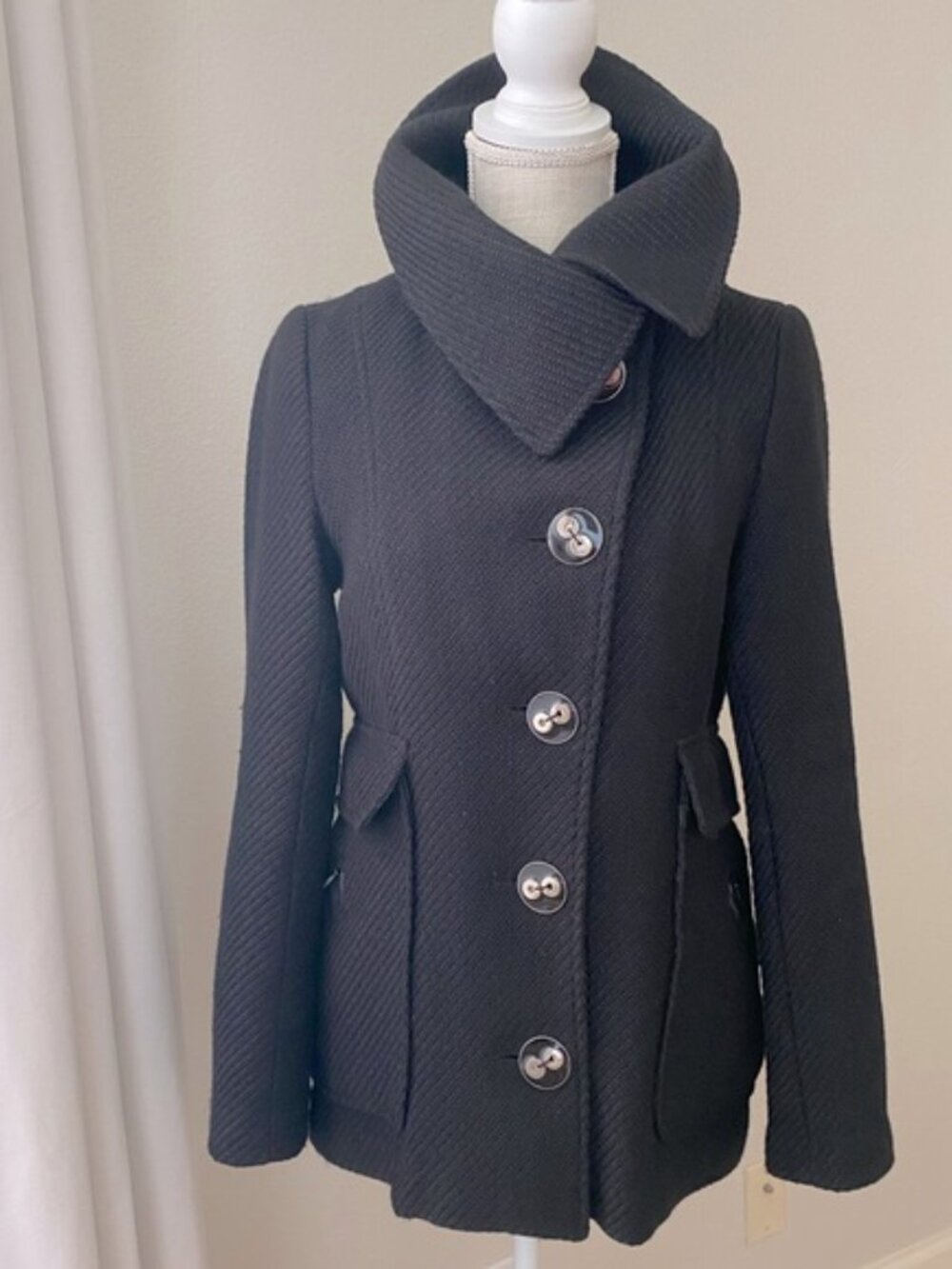 Mackage Black Textured Wool Leather Trim Funnel Collar Bell Sleeve Coat Small